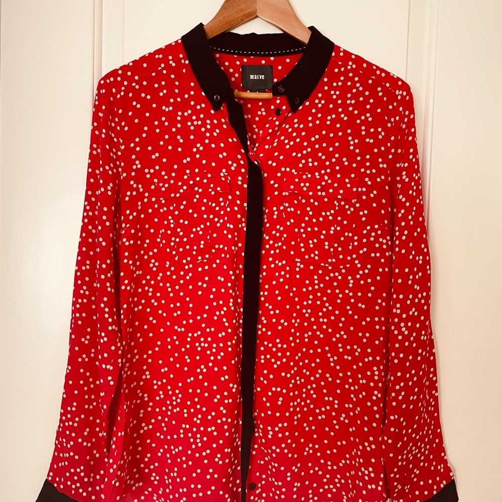 Anthropologie Maeve Red Polka Dot Button Down Shirt
